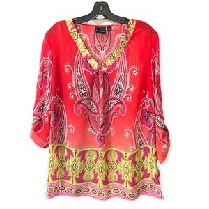 Sheer Printed V Neck Tunic Top, Size Large.